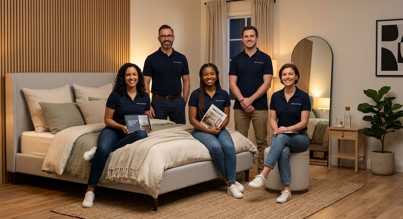 AGARTT upholstered platform bed frame styled in a bedroom