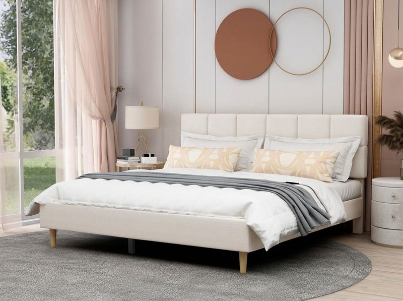 AGARTT King Platform Bed Frame — Beige Velvet