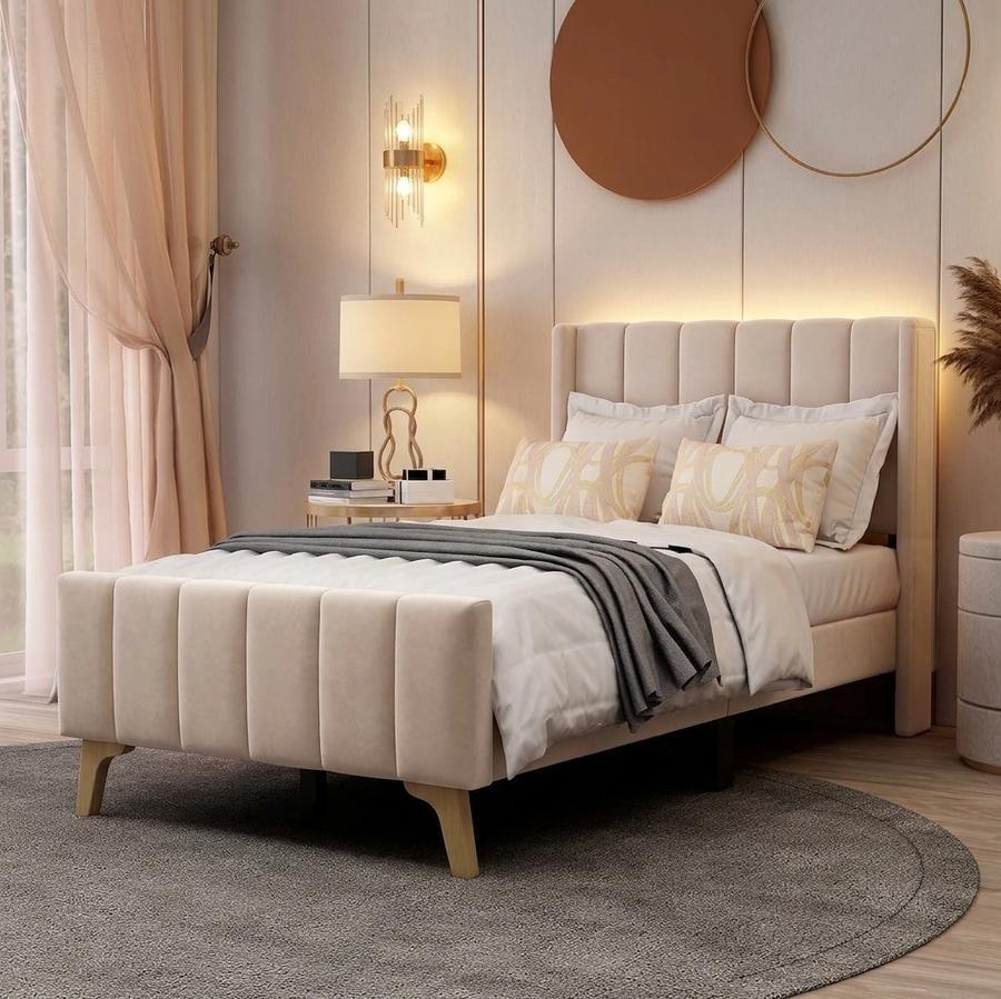 AGARTT Twin Platform Bed Frame — Beige Velvet