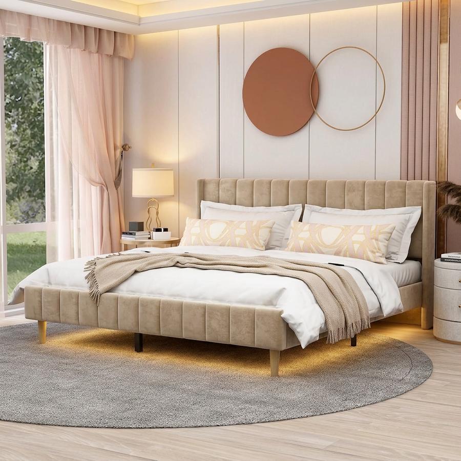 AGARTT King Platform Bed Frame — Beige Velvet
